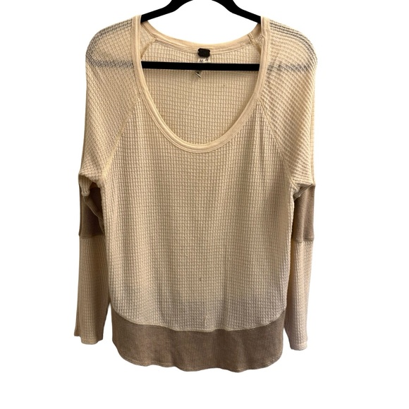 We The Free Tops - Free People Diamond Dozen Waffle Knit Scoop Neck Long Sleeve Cream Top | Medium